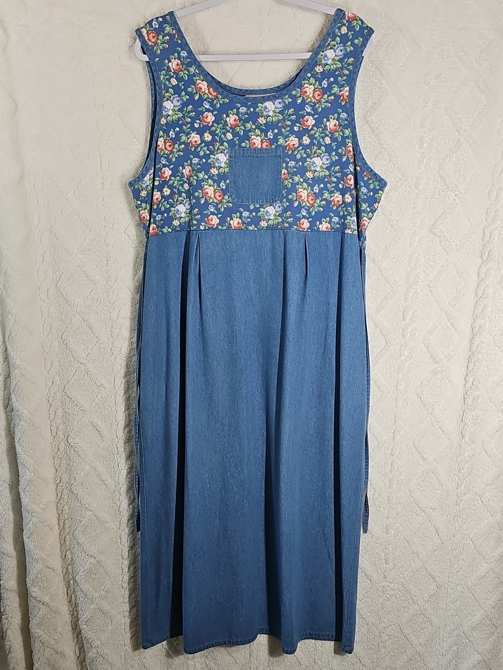 Koret City Blues Denim Jumper Dress * Vintage * Plus Size 18 *Maxi *Floral Print
